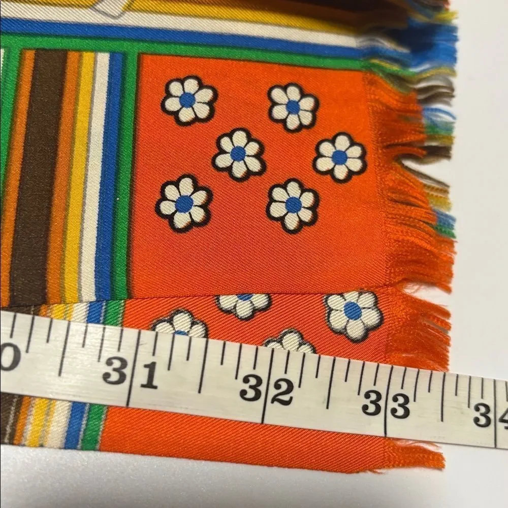 Vintage Yves Saint Laurent Rétro Bright Multicolor Floral Striped Silk Scarf
